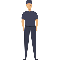 Pixelated illustration of a man in a dark blue t shirt dark blue pants and a dark blue cap isolated on white background