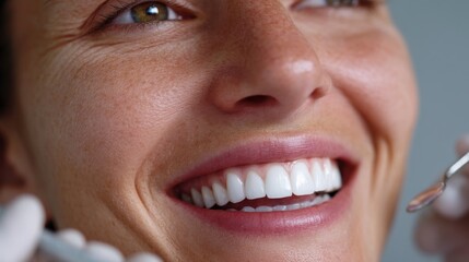 Dental checkup action smiling woman in clinic health and wellness environment close-up viewpoint oral care concept