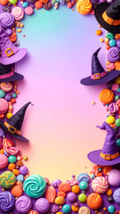 カラフルなキャンディと魔女の帽子を並べたハロウィンフレーム。ピンクとパープルのグラデーション背景にお菓子を散りばめた可愛い季節素材。ポスターや招待状にもぴったり。
