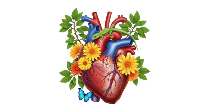 Isolated Illustration of human heart decorated with flowers, green leaves and lizard design