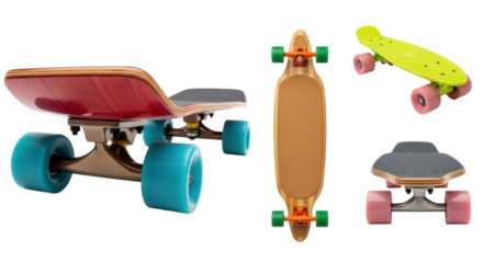 Isolated assorted skateboards on display for skateboarding enthusiasts and summer outdoor fun