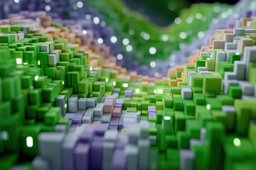 Obraz premium Abstract 3D Green Cubes Digital Landscape Background Technology Data Network Metaverse Concept Modern Futuristic Render