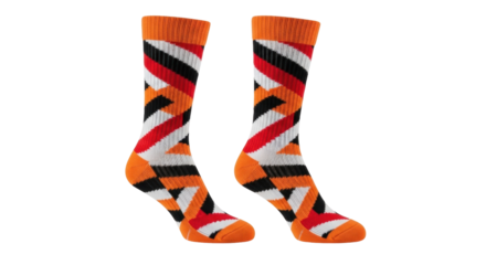 Isolated pair of orange, white, red, and black geometric pattern sports athletic socks