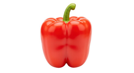 Isolated shiny red bell pepper with green stem sits ready to be prepared for cooking