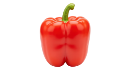 Isolated shiny red bell pepper with green stem sits ready to be prepared for cooking