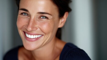 Joyful woman smiling in indoor setting portrait photography natural light close-up view for positive vibes