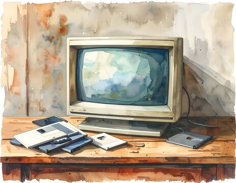 Vintage computer sits on wooden desk with floppy disks in retro office, evoking nostalgia and simpler times.