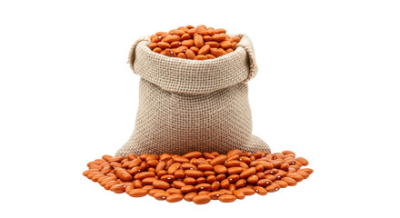 Isolated burlap sack of orange beans overflowing onto surface, food product in bulk storage