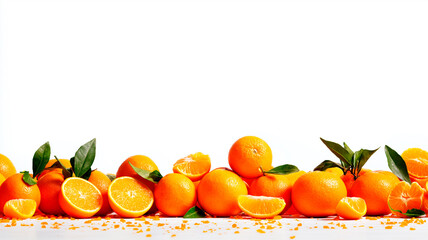 Fresh, ripe oranges and segments with leaves scattered on a bright white background banner.