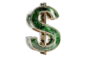 Green emerald filled gold dollar sign on a black background