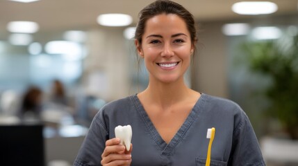 Dental health awareness smiling hygienist in clinic professional portrait clean environment uplifting concept for better oral care