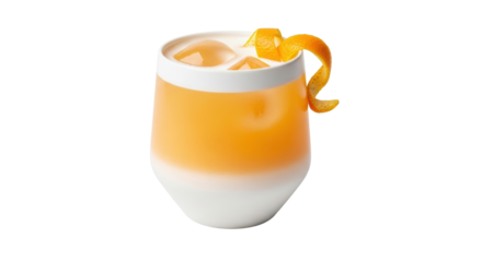 Isolated citrus cocktail in a modern glass with an orange peel garnish, vibrant color