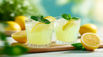 Two Glasses of Refreshing Lemonade with Ice and Mint on a Sunny Summer Day
