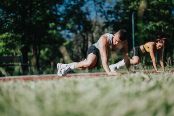 Active couple engaging in outdoor fitness training together, performing exercises in a lush park...