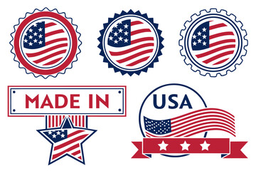 Naklejka premium Made in USA labels, American flag badge, United States product emblem, Stars and Stripes insignia, vintage patriotic sticker set.