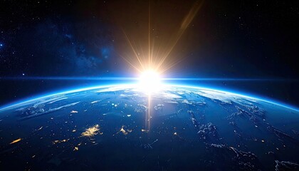 Glowing Sunrise Over Earth's Horizon With Bright Starburst Light And Distant Galaxy Stars In Deep Space Background