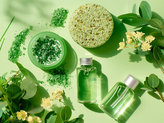 Top-Down View of Natural Green Skincare Products and Sea Salt with Eucalyptus

