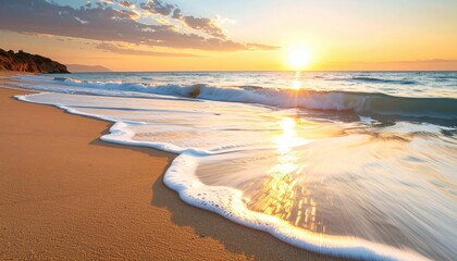 Golden Sunset Over a Sandy Beach with Gentle Waves and Distant Trees