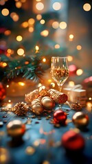 Fototapeta premium Festive Christmas Scene with Champagne, Ornaments, and Golden Lights