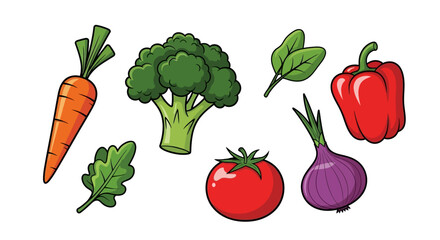 A colorful set of fresh vegetable illustrations including carrot, broccoli, and tomato for healthy eating concepts