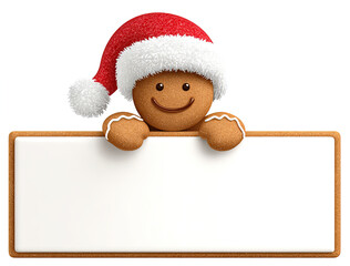 3D rendered smiling gingerbread man in a Santa hat holding a blank message board