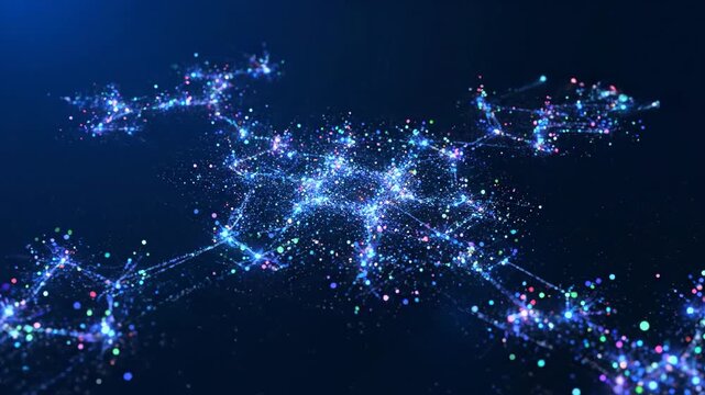 Abstract digital drone representation, glowing with interconnected dots and lines against a dark blue background. - Powered by Adobe