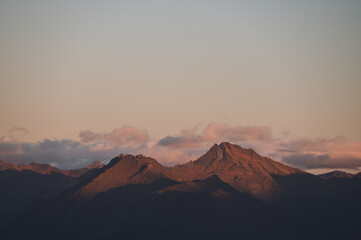 Alpenglow Sunrise on Mountain Peaks from Isthmus Peak, Wanaka, New Zealand