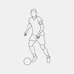 Continuous line drawing of a football player. man playing soccer ball template. Line art soccer player with ball illustration vector hand drawn isolated on white background.
