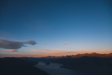 Alpenglow Sunrise on Mountain Peaks from Isthmus Peak, Wanaka, New Zealand