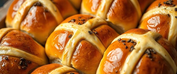Close-up of golden-brown hot cross buns, glistening with glaze, spices visible,  sweet,   bakery
