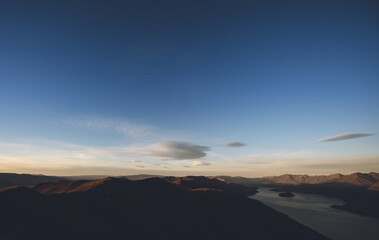 Morning Sunlight on Mountain Peaks Above Lake Hawea from Isthmus Peak, New Zealand