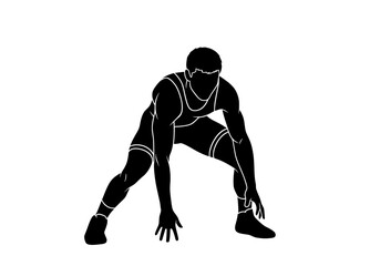 Naklejka premium Male wrestler vector silhouette in a ready stance, poised for competition and athletic performance, isolated on white.