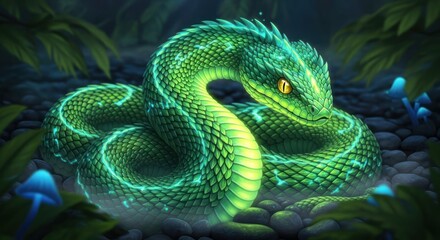 Fototapeta premium A glowing emerald snake coils amidst lush foliage, captivating the viewer.