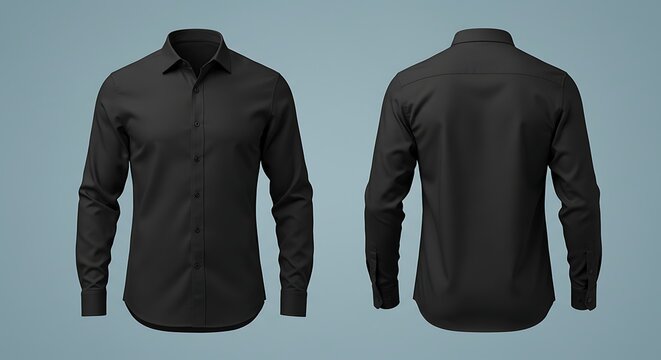 Front and back view of a black long sleeve shirt isolated on blue