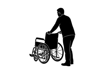 Naklejka premium Person pushing a wheelchair vector silhouette providing assistance and care for mobility disability and medical needs