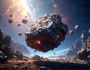 A massive asteroid, burning inside, floats above a distant planet