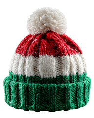 Christmas feastive headwear. cozy knitted beanie hat with fluffy pom-pom. isolated PNG on transparent background
