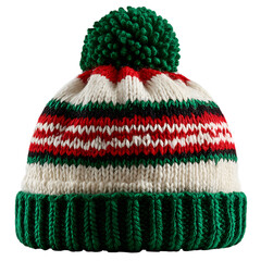 Christmas feastive headwear. cozy knitted beanie hat with fluffy pom-pom. isolated PNG on transparent background