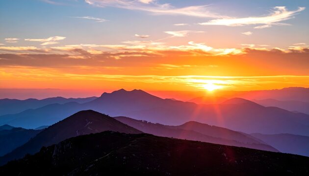 Sunset over mountain range landscape with vibrant orange sky