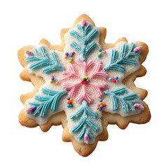 Christmas festive snack. snowflake shaped sugar cookies decorated with icing. isolated PNG on transparent background.