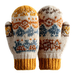 cozy knitted wool mittens with simple winter pattern. isolated PNG on transparent background.
