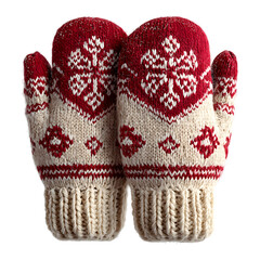 cozy knitted wool mittens with simple winter pattern. isolated PNG on transparent background.