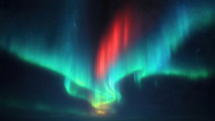 Vivid aurora borealis display with vibrant green, teal, and red hues dominating the night sky