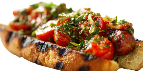 Grilled sausage with roasted tomatoes and herbs on a bun