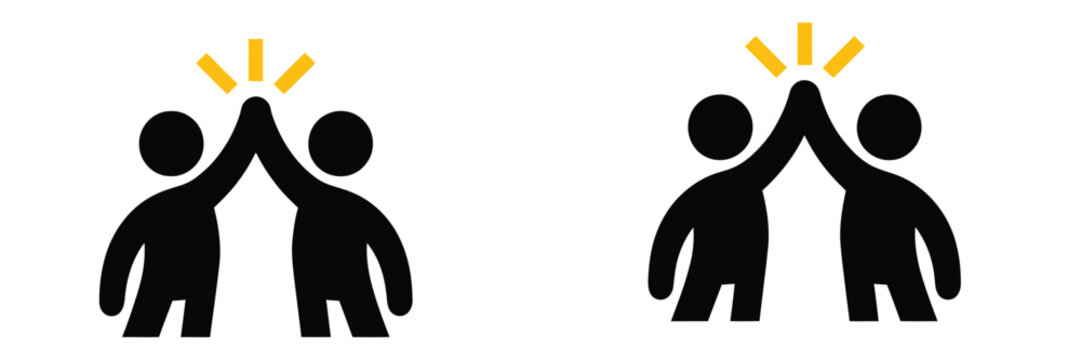 Minimalist vector illustration icon depicting two figures celebrating a high five victory silhouette