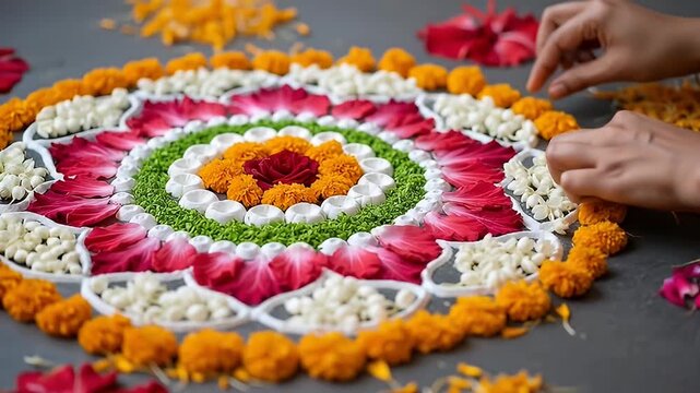 Creating a colorful floral rangoli with roses, petals, jasmine, and marigolds on gray