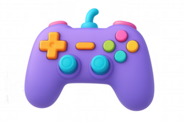 Purple game controller 3d rendering with colorful buttons for playing video games, providing fun and entertainment