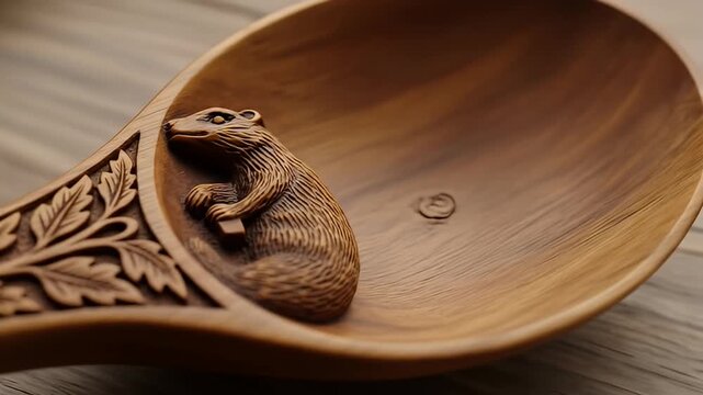 Carved wooden spoon shows animal detail with leaf decor along handle, laying on wood