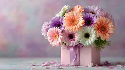 Beautiful bouquet of pastel gerbera daisies is arranged in a chic pink gift box with a silk ribbon, set against a soft lavender wall.