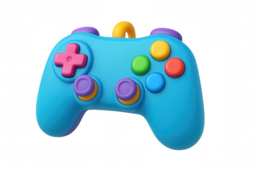 Cartoon 3d game controller for gaming, featuring vibrant buttons and dual analog sticks, on transparent background